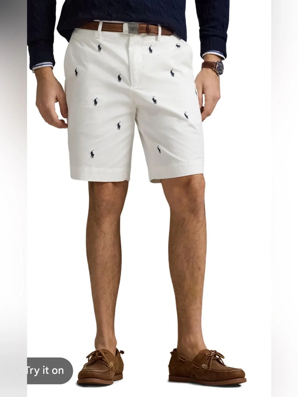 Polo Ralph Lauren Stretch Classic White Chino Navy Pony Shorts Men's Size 34 9”